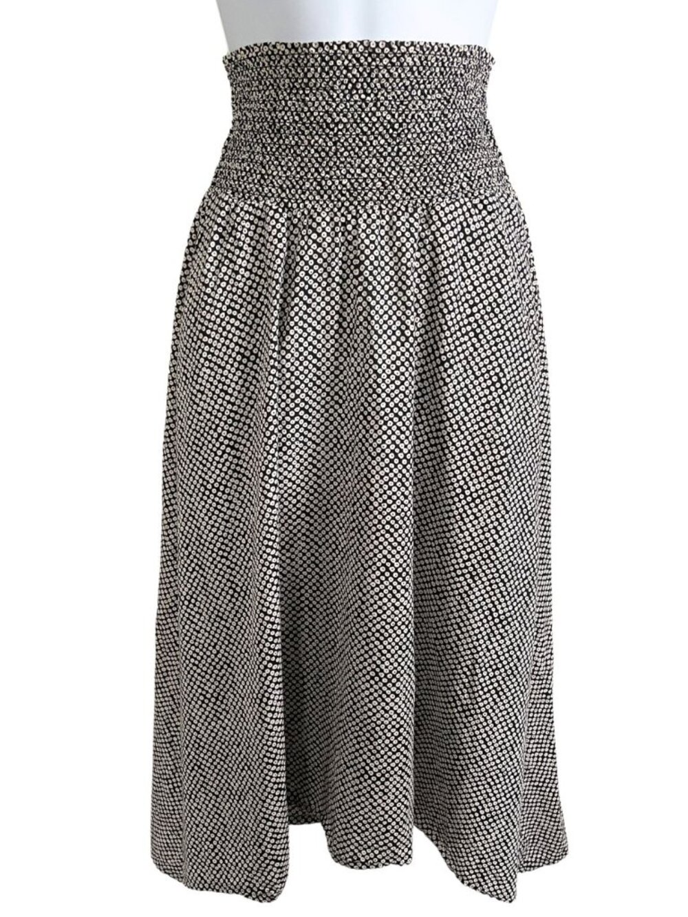 Eileen Fisher Black & White Geometric Dot Smocked Waist Cotton Midi Skirt Sz S